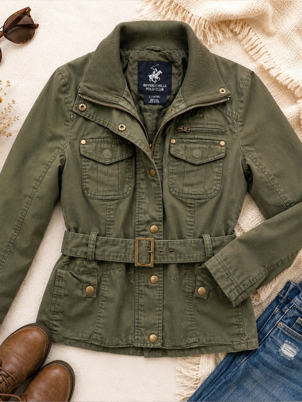Beverly Hills Polo Club Girls Olive Belted Utility Field Jacket Large